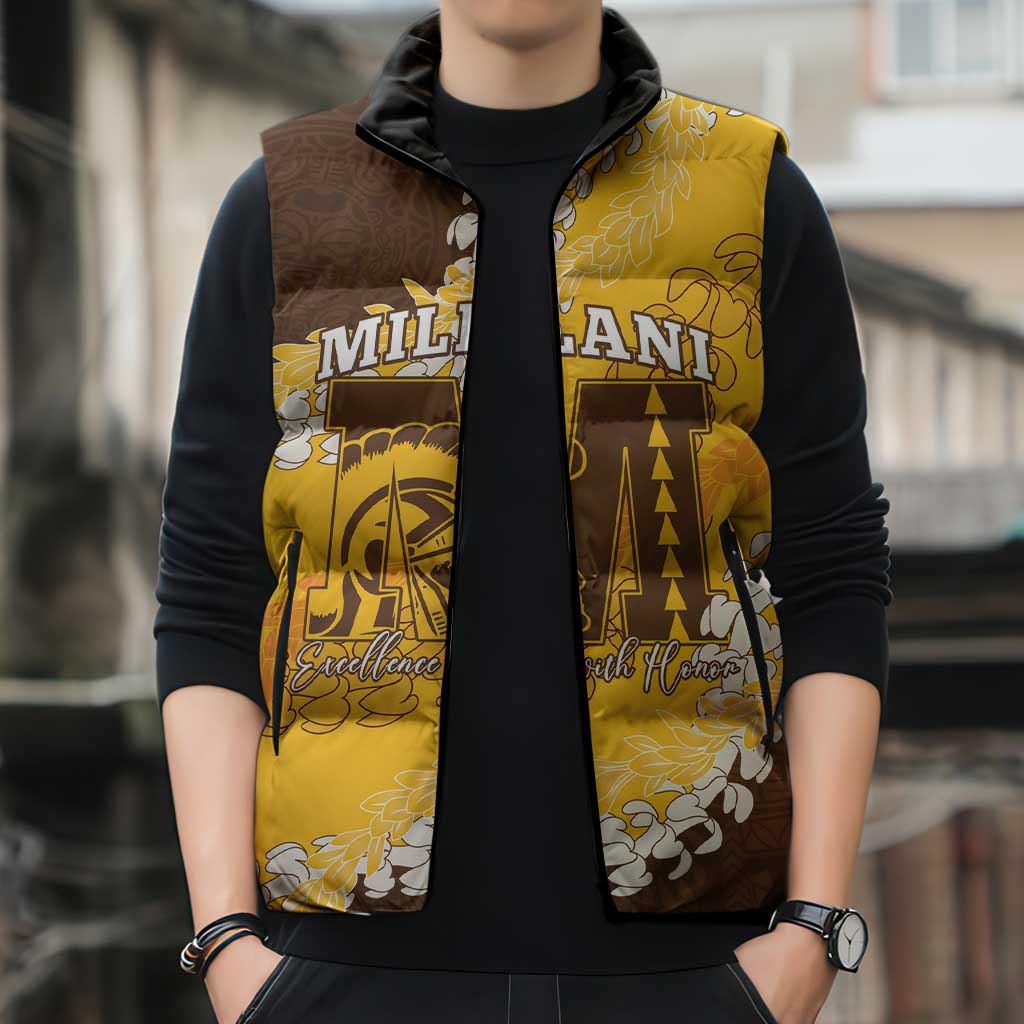 Personalized Mililani Hawaii High School Sleeveless Puffer Jacket Puakenikeni Lei Hawaiian Pattern - Polynesian Pride