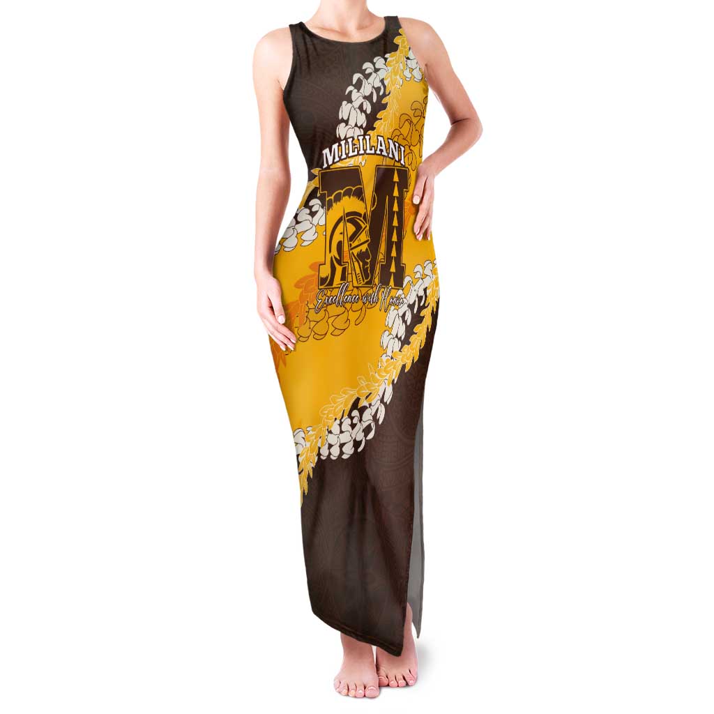Personalized Mililani Hawaii High School Tank Maxi Dress Puakenikeni Lei Hawaiian Pattern LT14 Women Yellow - Polynesian Pride