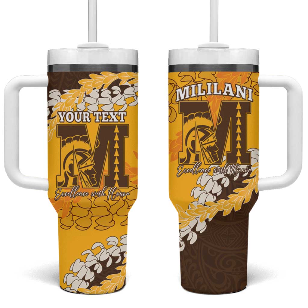 Personalized Mililani Hawaii High School Tumbler With Handle Puakenikeni Lei Hawaiian Pattern - Polynesian Pride