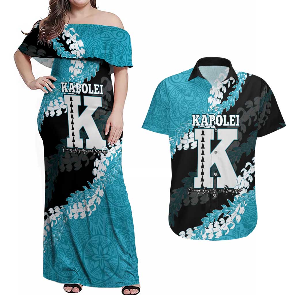 Personalized Kapolei Hawaii High School Couples Matching Off Shoulder Maxi Dress and Hawaiian Shirt Puakenikeni Lei Hawaiian Pattern - Polynesian Pride