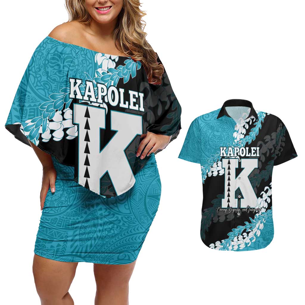Personalized Kapolei Hawaii High School Couples Matching Off Shoulder Short Dress and Hawaiian Shirt Puakenikeni Lei Hawaiian Pattern - Polynesian Pride