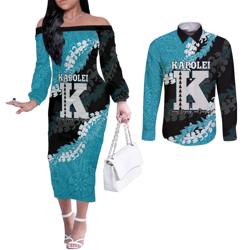 Personalized Kapolei Hawaii High School Couples Matching Off The Shoulder Long Sleeve Dress and Long Sleeve Button Shirt Puakenikeni Lei Hawaiian Pattern - Polynesian Pride