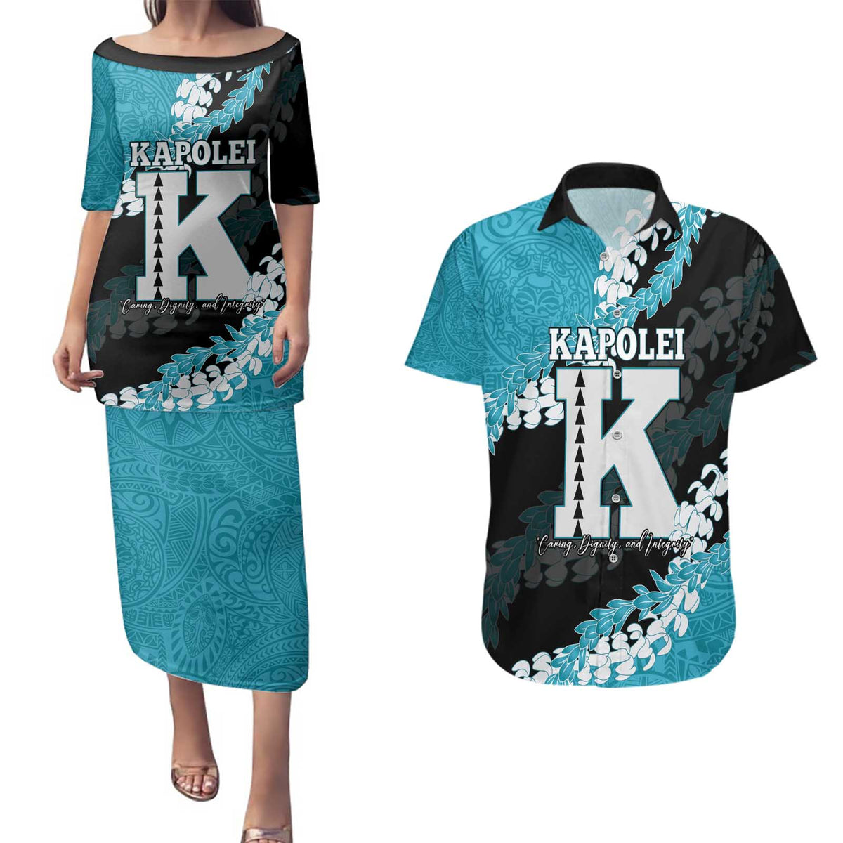 Personalized Kapolei Hawaii High School Couples Matching Puletasi and Hawaiian Shirt Puakenikeni Lei Hawaiian Pattern - Polynesian Pride