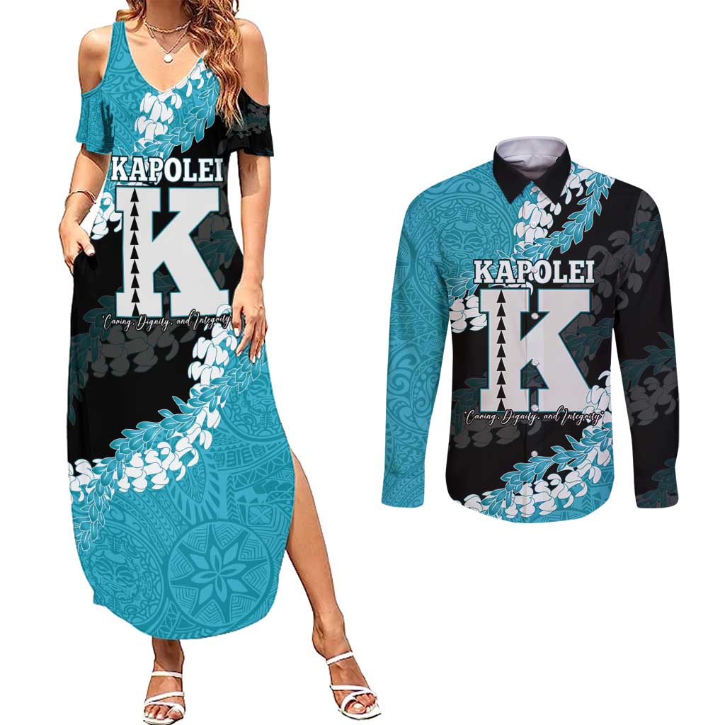 Personalized Kapolei Hawaii High School Couples Matching Summer Maxi Dress and Long Sleeve Button Shirt Puakenikeni Lei Hawaiian Pattern - Polynesian Pride