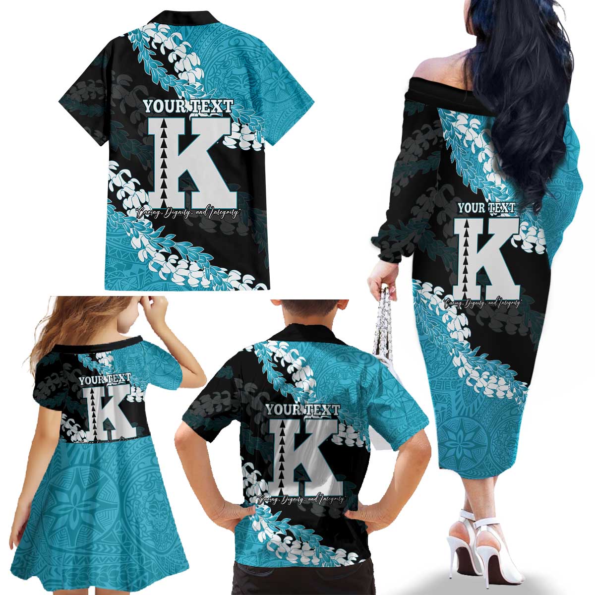 Personalized Kapolei Hawaii High School Family Matching Off The Shoulder Long Sleeve Dress and Hawaiian Shirt Puakenikeni Lei Hawaiian Pattern - Polynesian Pride