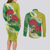 Personalized Leilehua Hawaii High School Couples Matching Long Sleeve Bodycon Dress and Long Sleeve Button Shirt Puakenikeni Lei Hawaiian Pattern - Polynesian Pride