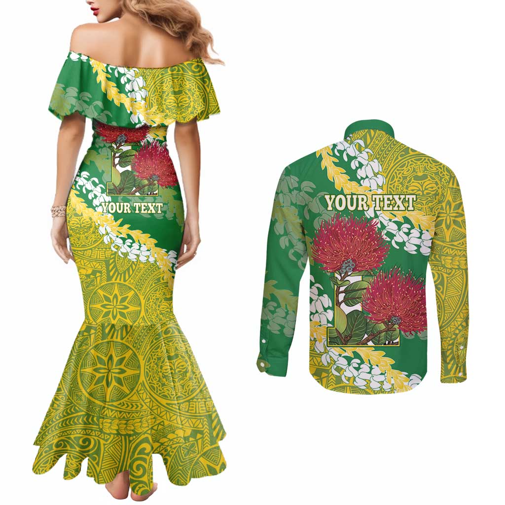 Personalized Leilehua Hawaii High School Couples Matching Mermaid Dress and Long Sleeve Button Shirt Puakenikeni Lei Hawaiian Pattern - Polynesian Pride