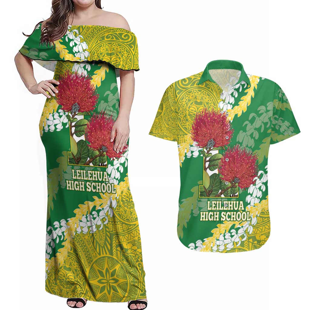 Personalized Leilehua Hawaii High School Couples Matching Off Shoulder Maxi Dress and Hawaiian Shirt Puakenikeni Lei Hawaiian Pattern - Polynesian Pride
