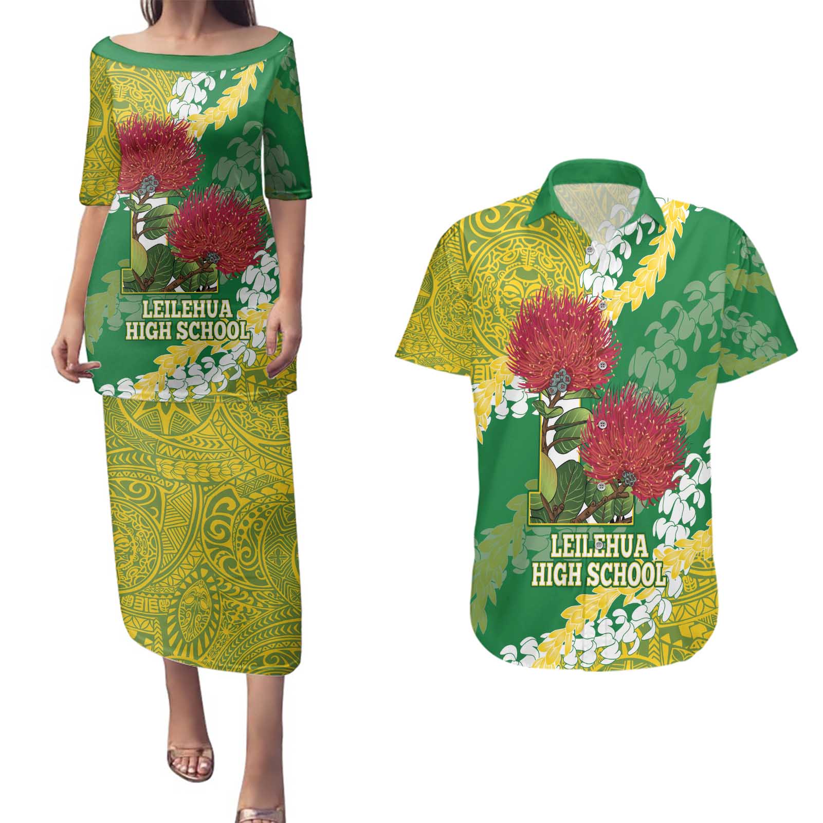 Personalized Leilehua Hawaii High School Couples Matching Puletasi and Hawaiian Shirt Puakenikeni Lei Hawaiian Pattern - Polynesian Pride