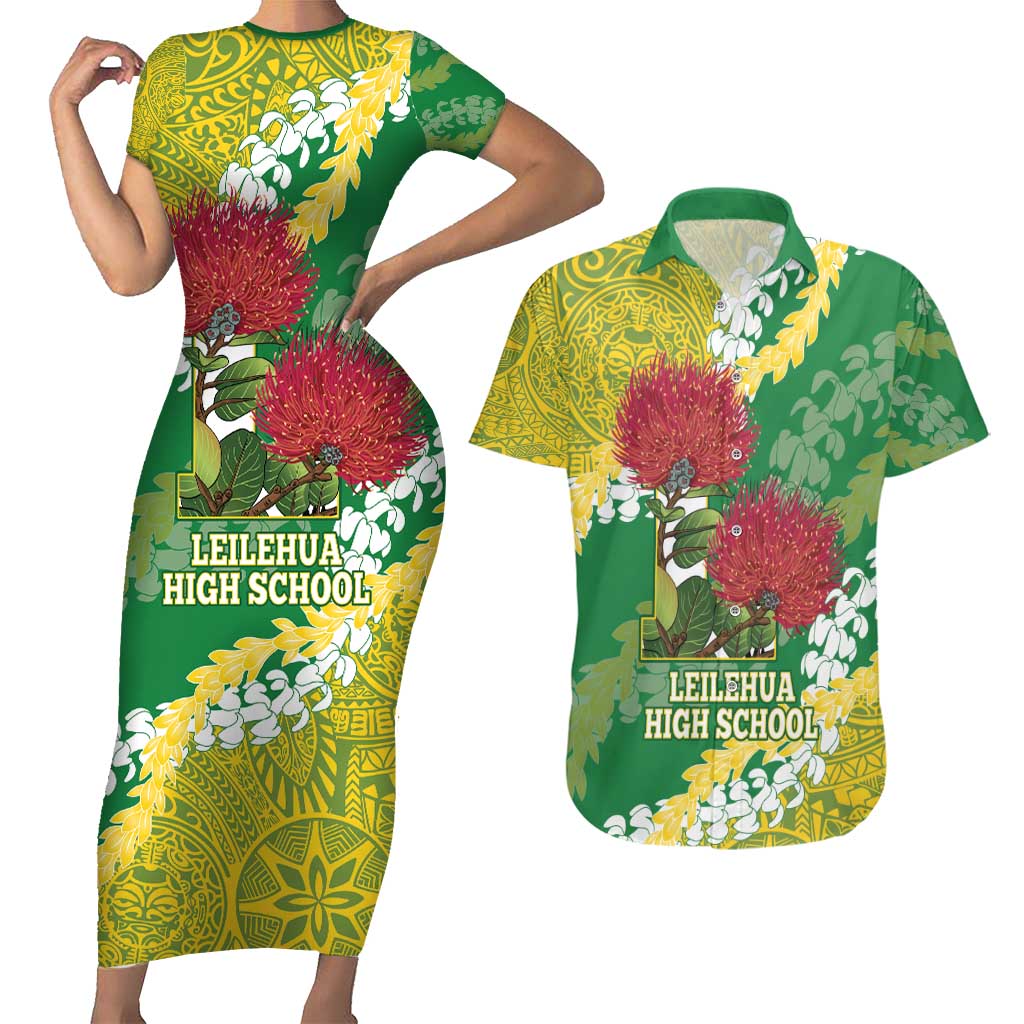 Personalized Leilehua Hawaii High School Couples Matching Short Sleeve Bodycon Dress and Hawaiian Shirt Puakenikeni Lei Hawaiian Pattern - Polynesian Pride