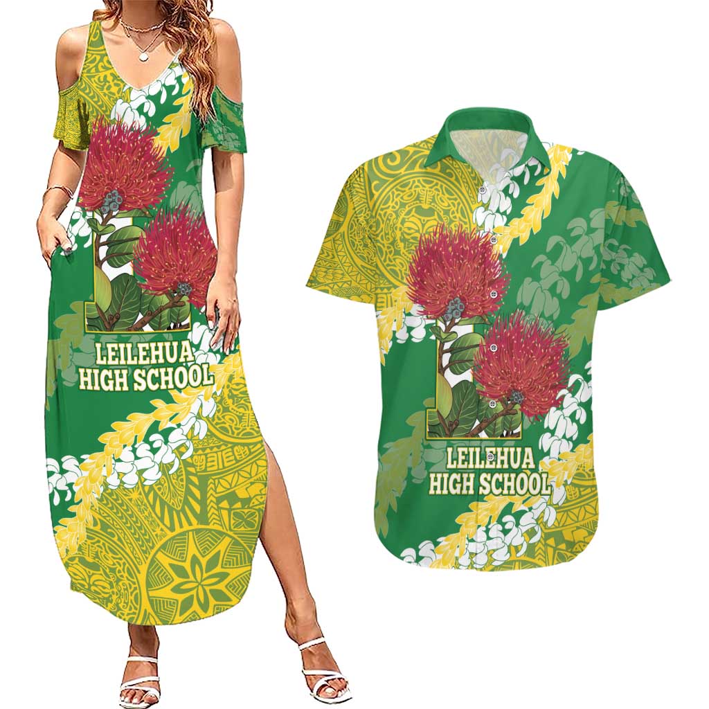 Personalized Leilehua Hawaii High School Couples Matching Summer Maxi Dress and Hawaiian Shirt Puakenikeni Lei Hawaiian Pattern - Polynesian Pride