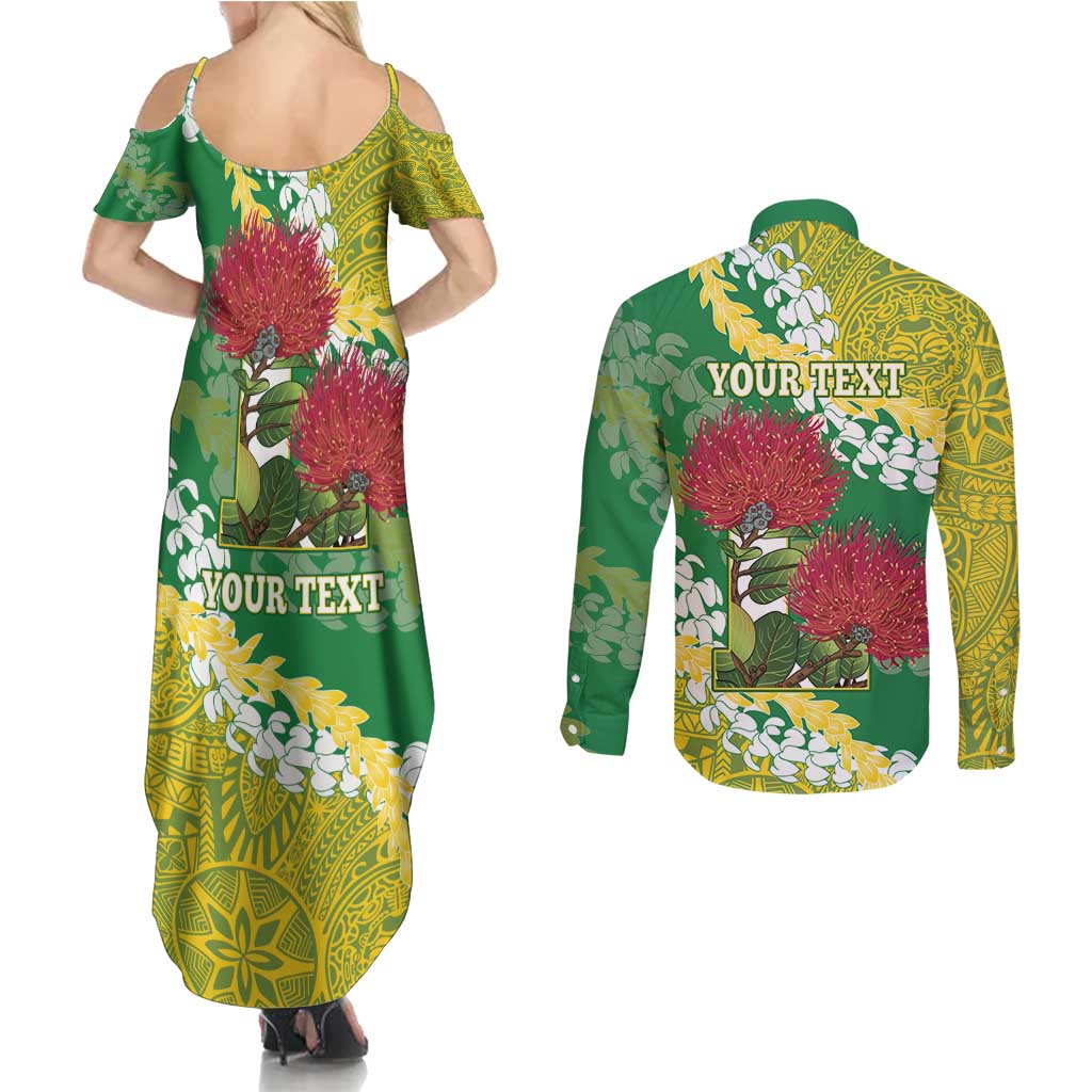 Personalized Leilehua Hawaii High School Couples Matching Summer Maxi Dress and Long Sleeve Button Shirt Puakenikeni Lei Hawaiian Pattern - Polynesian Pride
