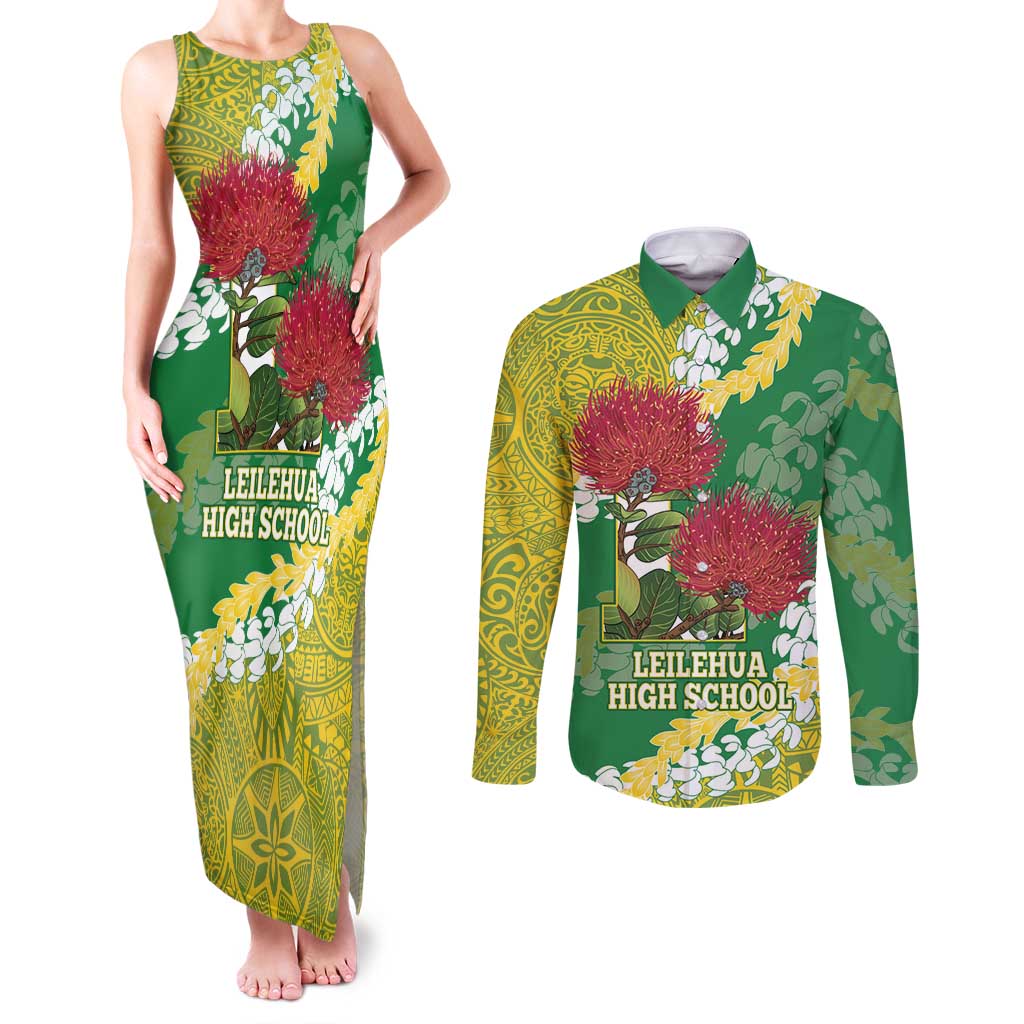 Personalized Leilehua Hawaii High School Couples Matching Tank Maxi Dress and Long Sleeve Button Shirt Puakenikeni Lei Hawaiian Pattern - Polynesian Pride