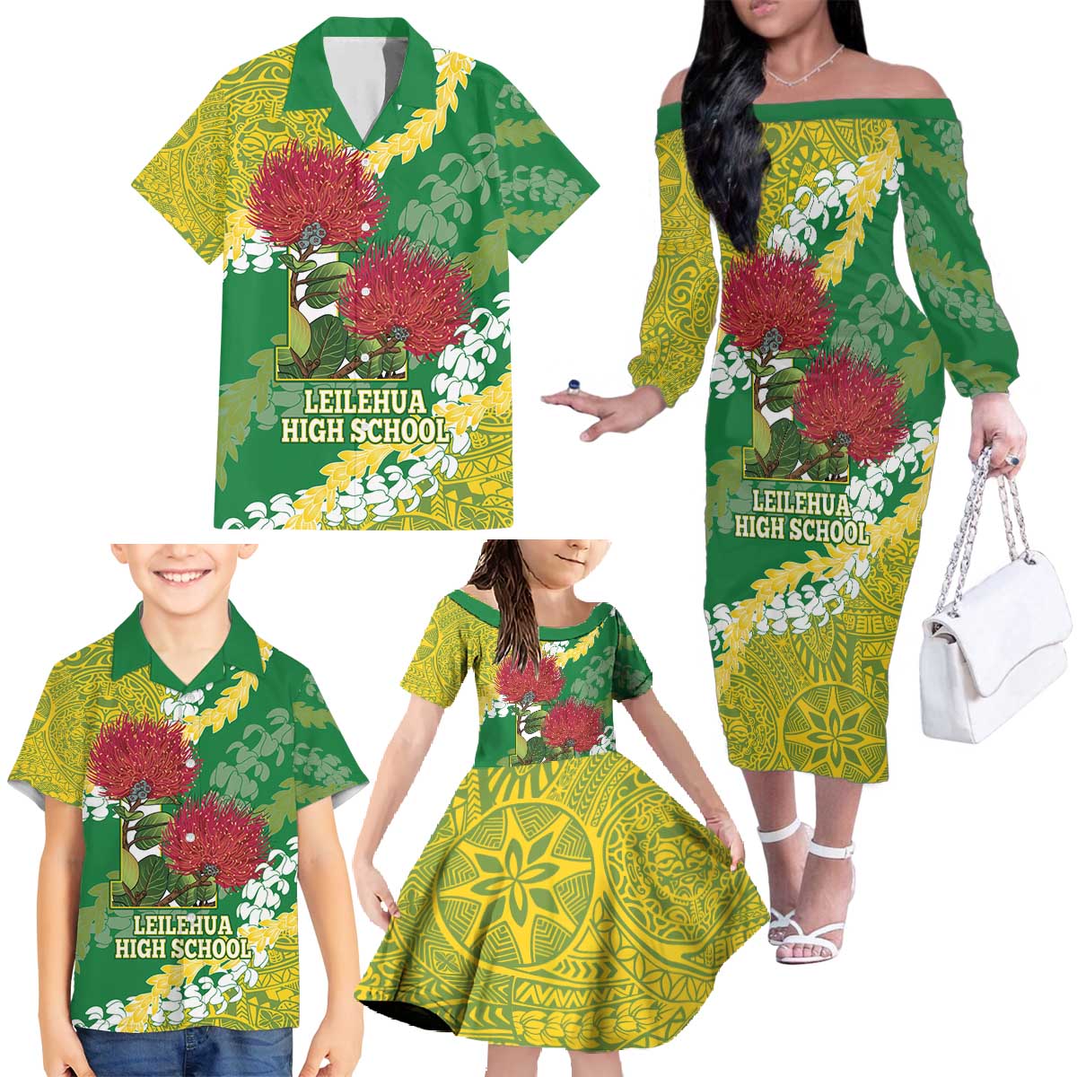 Personalized Leilehua Hawaii High School Family Matching Off The Shoulder Long Sleeve Dress and Hawaiian Shirt Puakenikeni Lei Hawaiian Pattern - Polynesian Pride