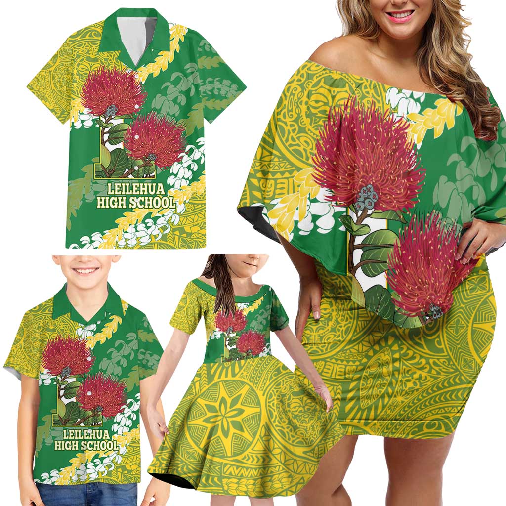 Personalized Leilehua Hawaii High School Family Matching Off Shoulder Short Dress and Hawaiian Shirt Puakenikeni Lei Hawaiian Pattern - Polynesian Pride