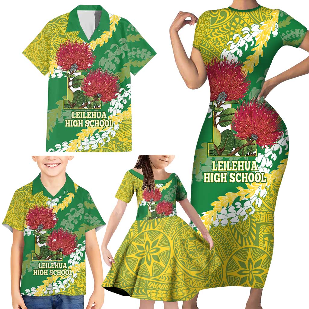 Personalized Leilehua Hawaii High School Family Matching Short Sleeve Bodycon Dress and Hawaiian Shirt Puakenikeni Lei Hawaiian Pattern - Polynesian Pride
