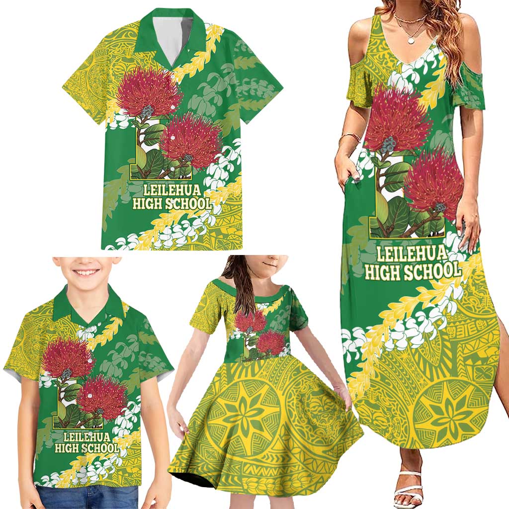 Personalized Leilehua Hawaii High School Family Matching Summer Maxi Dress and Hawaiian Shirt Puakenikeni Lei Hawaiian Pattern - Polynesian Pride