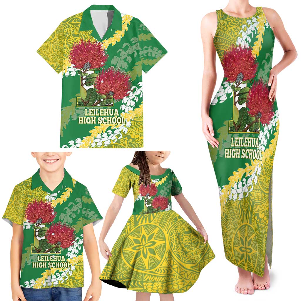 Personalized Leilehua Hawaii High School Family Matching Tank Maxi Dress and Hawaiian Shirt Puakenikeni Lei Hawaiian Pattern - Polynesian Pride