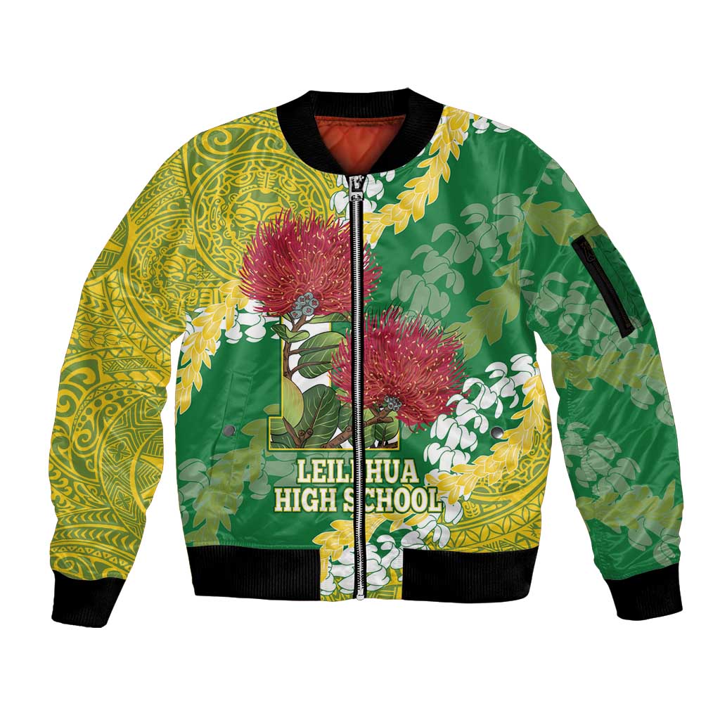 Personalized Leilehua Hawaii High School Sleeve Zip Bomber Jacket Puakenikeni Lei Hawaiian Pattern - Polynesian Pride