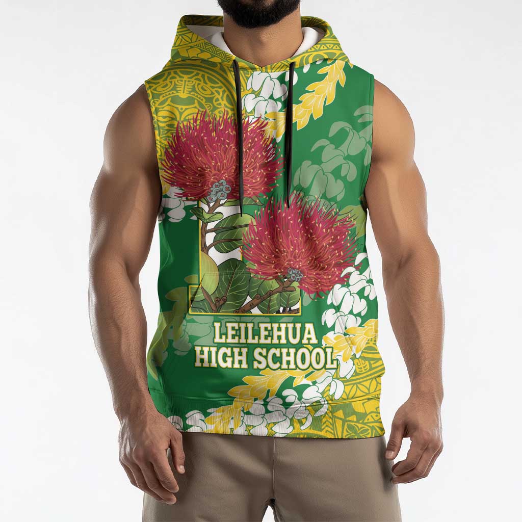 Personalized Leilehua Hawaii High School Sleeveless Hoodie Puakenikeni Lei Hawaiian Pattern - Polynesian Pride