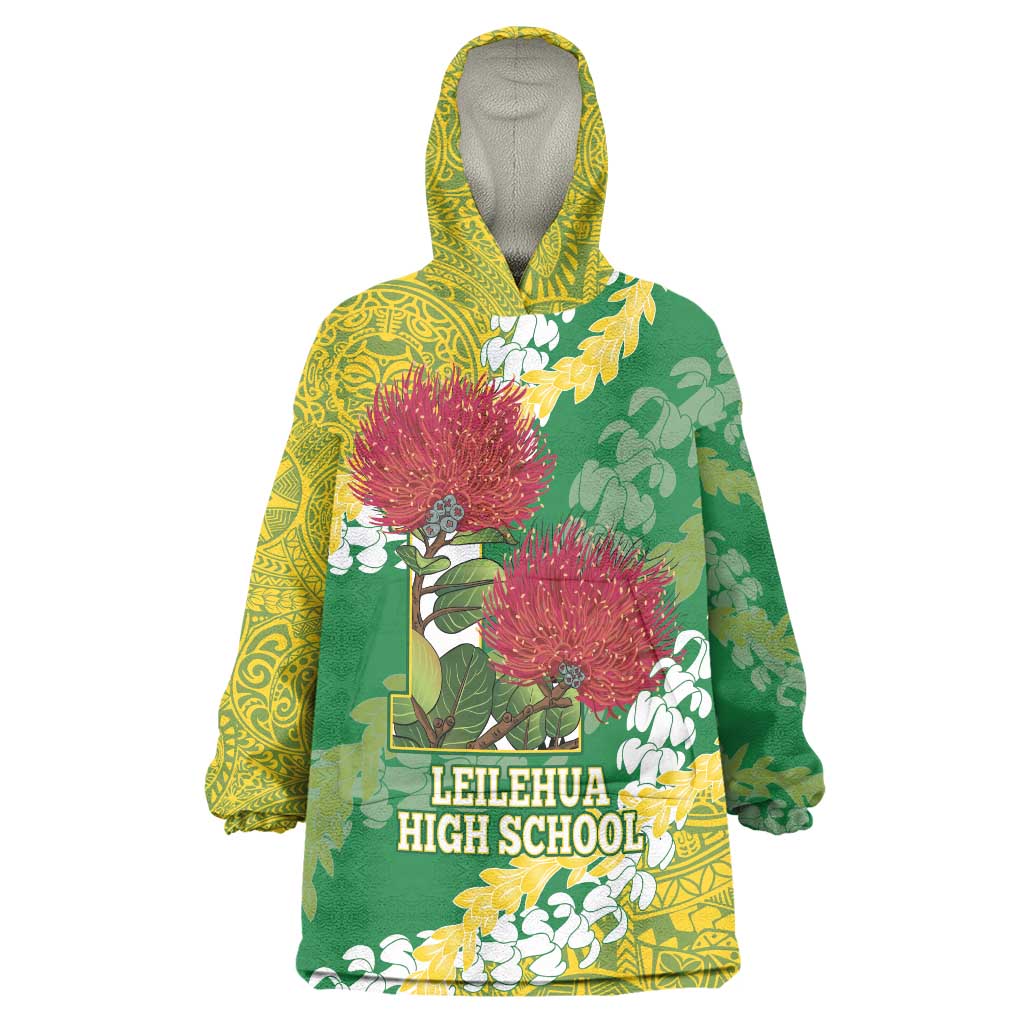 Personalized Leilehua Hawaii High School Wearable Blanket Hoodie Puakenikeni Lei Hawaiian Pattern - Polynesian Pride