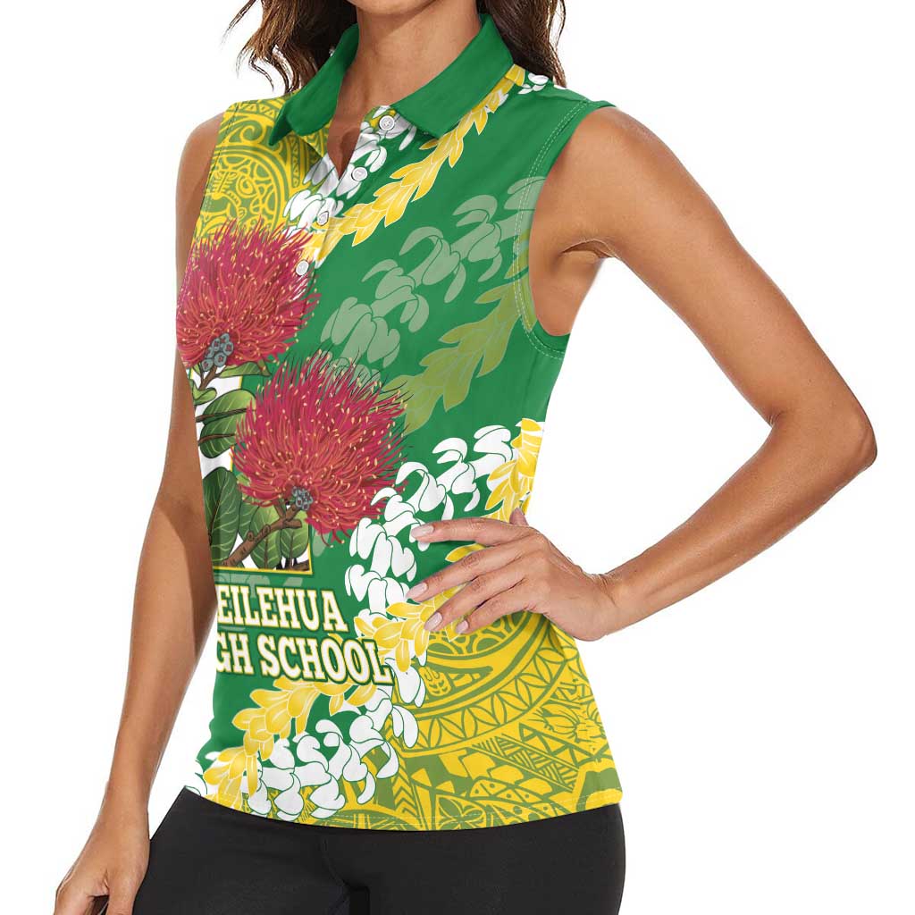 Personalized Leilehua Hawaii High School Women Sleeveless Polo Shirt Puakenikeni Lei Hawaiian Pattern - Polynesian Pride