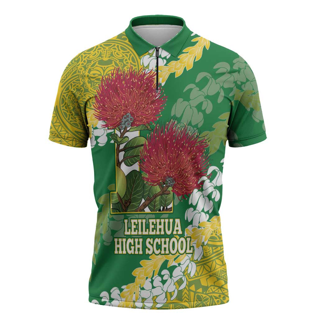 Personalized Leilehua Hawaii High School Zipper Polo Shirt Puakenikeni Lei Hawaiian Pattern - Polynesian Pride