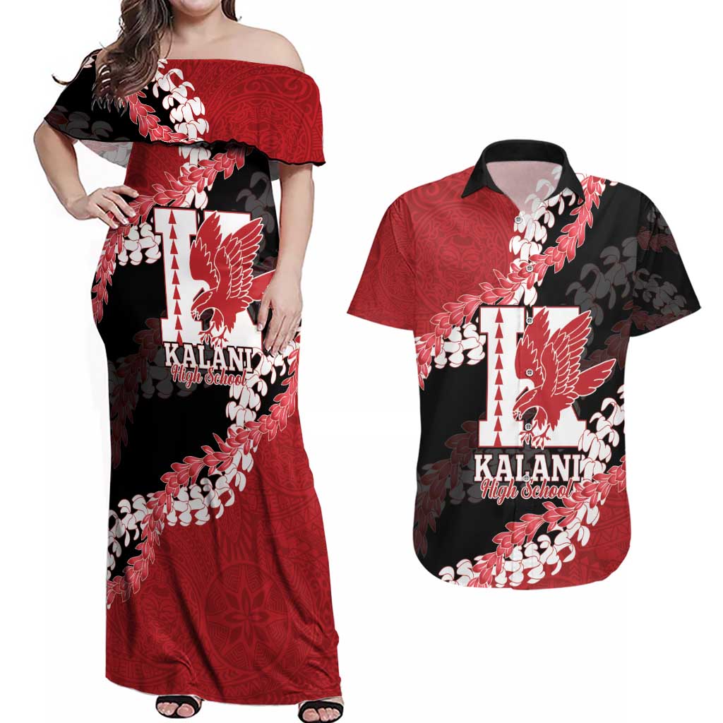 Personalized Kalani Hawaii High School Couples Matching Off Shoulder Maxi Dress and Hawaiian Shirt Puakenikeni Lei Hawaiian Pattern - Polynesian Pride
