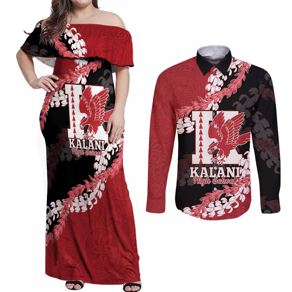 Personalized Kalani Hawaii High School Couples Matching Off Shoulder Maxi Dress and Long Sleeve Button Shirt Puakenikeni Lei Hawaiian Pattern - Polynesian Pride