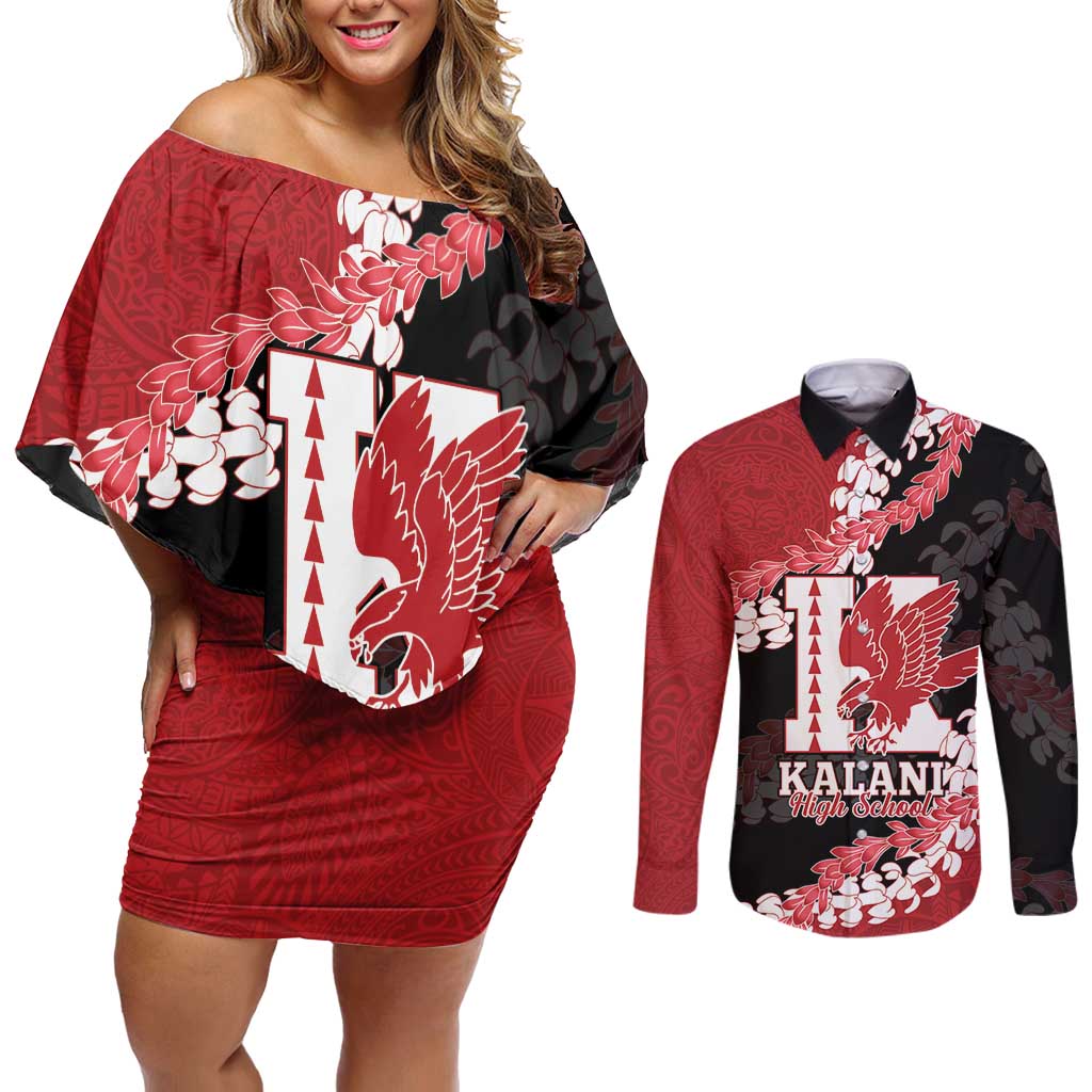 Personalized Kalani Hawaii High School Couples Matching Off Shoulder Short Dress and Long Sleeve Button Shirt Puakenikeni Lei Hawaiian Pattern - Polynesian Pride