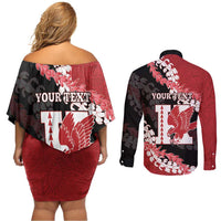 Personalized Kalani Hawaii High School Couples Matching Off Shoulder Short Dress and Long Sleeve Button Shirt Puakenikeni Lei Hawaiian Pattern - Polynesian Pride