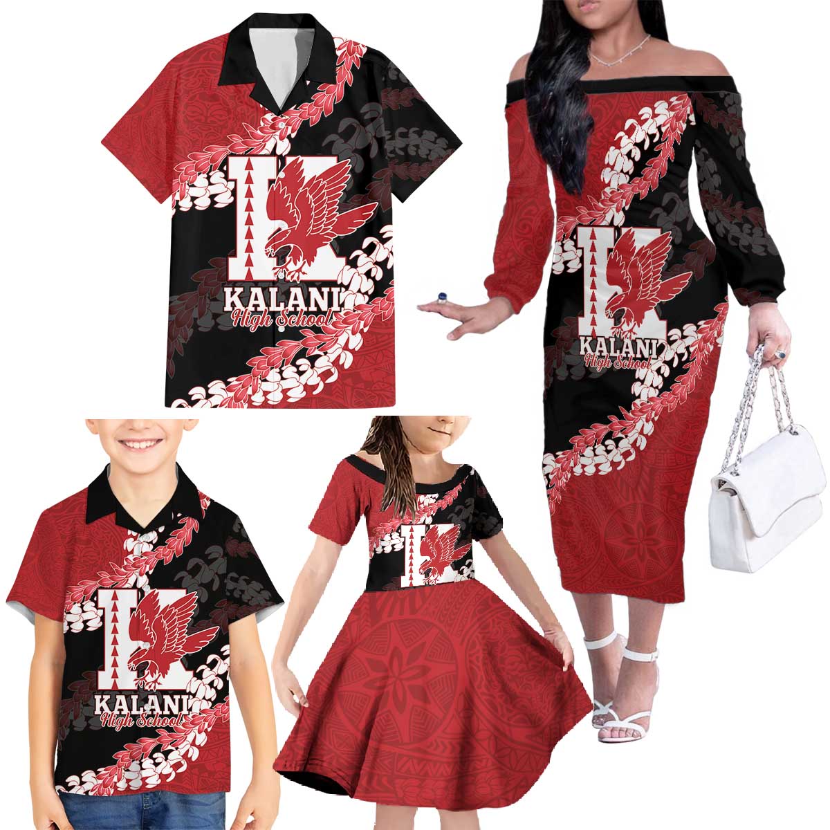 Personalized Kalani Hawaii High School Family Matching Off The Shoulder Long Sleeve Dress and Hawaiian Shirt Puakenikeni Lei Hawaiian Pattern - Polynesian Pride