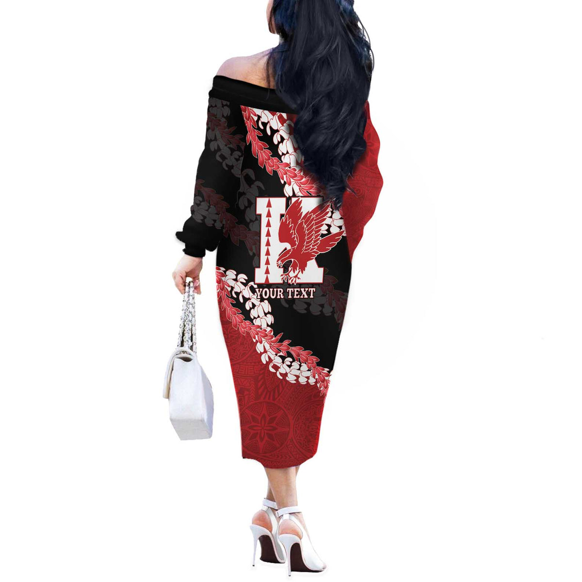 Personalized Kalani Hawaii High School Off The Shoulder Long Sleeve Dress Puakenikeni Lei Hawaiian Pattern - Polynesian Pride