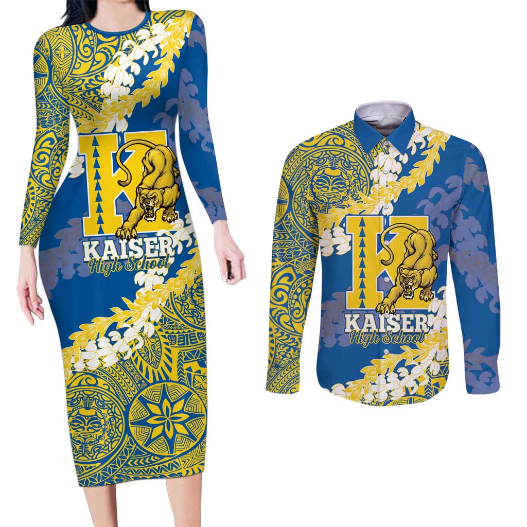 Personalized Kaiser Hawaii High School Couples Matching Long Sleeve Bodycon Dress and Long Sleeve Button Shirt Puakenikeni Lei Hawaiian Pattern - Polynesian Pride
