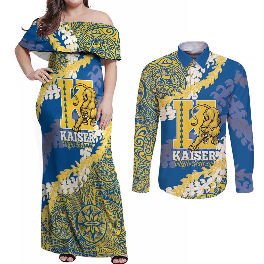 Personalized Kaiser Hawaii High School Couples Matching Off Shoulder Maxi Dress and Long Sleeve Button Shirt Puakenikeni Lei Hawaiian Pattern - Polynesian Pride
