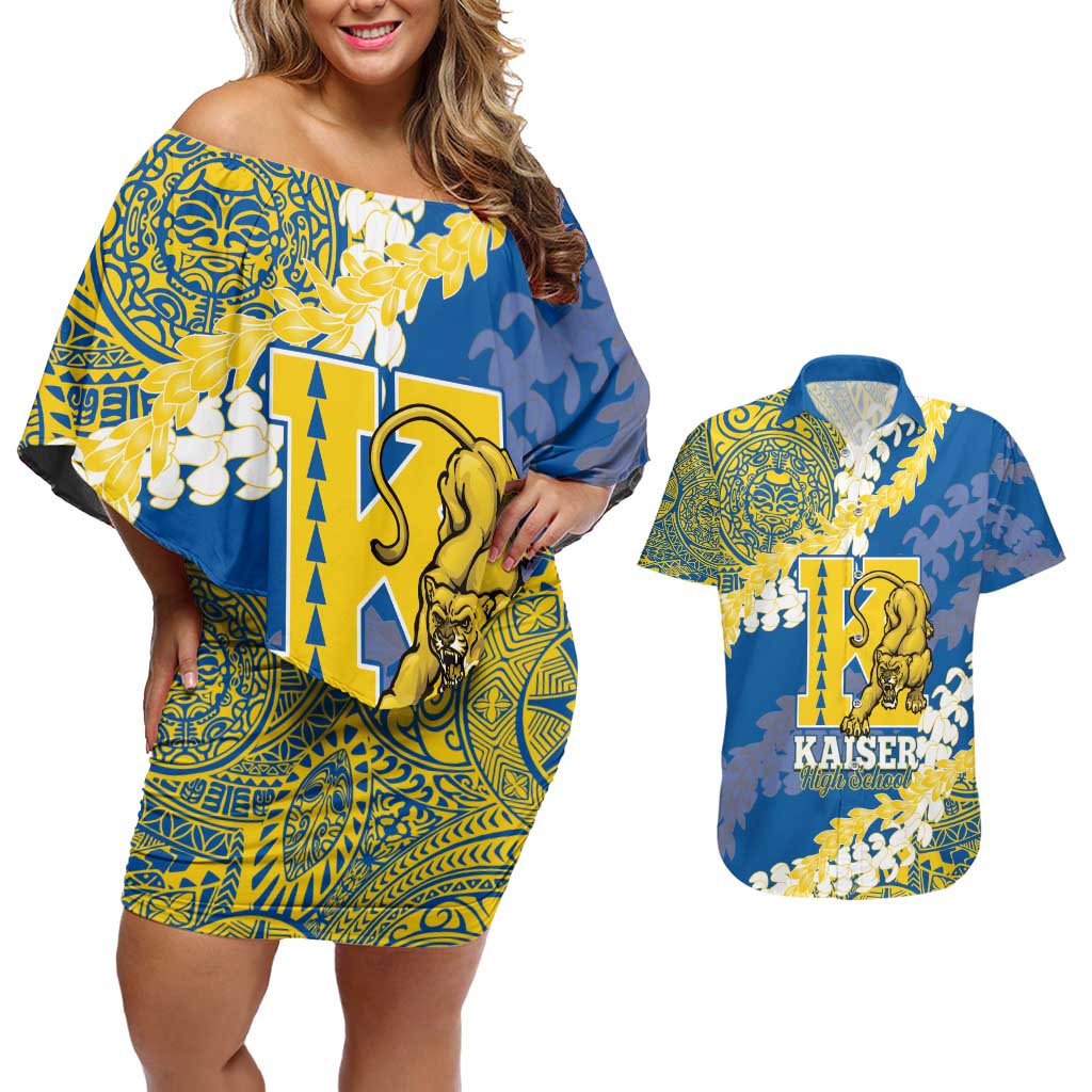 Personalized Kaiser Hawaii High School Couples Matching Off Shoulder Short Dress and Hawaiian Shirt Puakenikeni Lei Hawaiian Pattern - Polynesian Pride