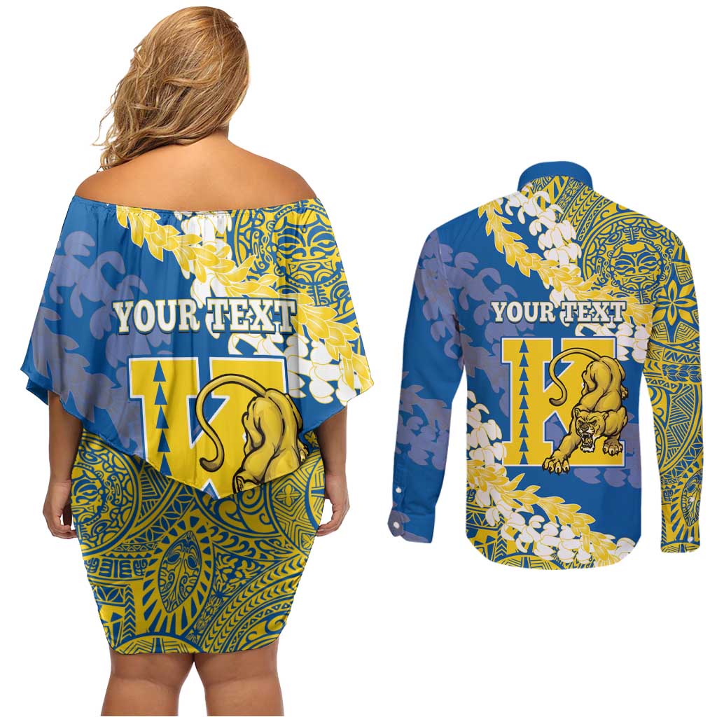 Personalized Kaiser Hawaii High School Couples Matching Off Shoulder Short Dress and Long Sleeve Button Shirt Puakenikeni Lei Hawaiian Pattern - Polynesian Pride