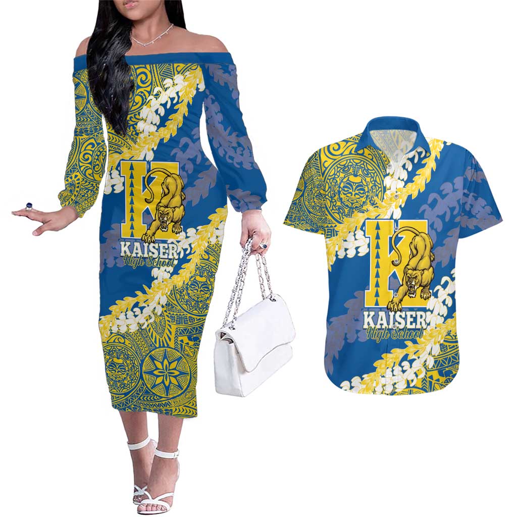 Personalized Kaiser Hawaii High School Couples Matching Off The Shoulder Long Sleeve Dress and Hawaiian Shirt Puakenikeni Lei Hawaiian Pattern - Polynesian Pride