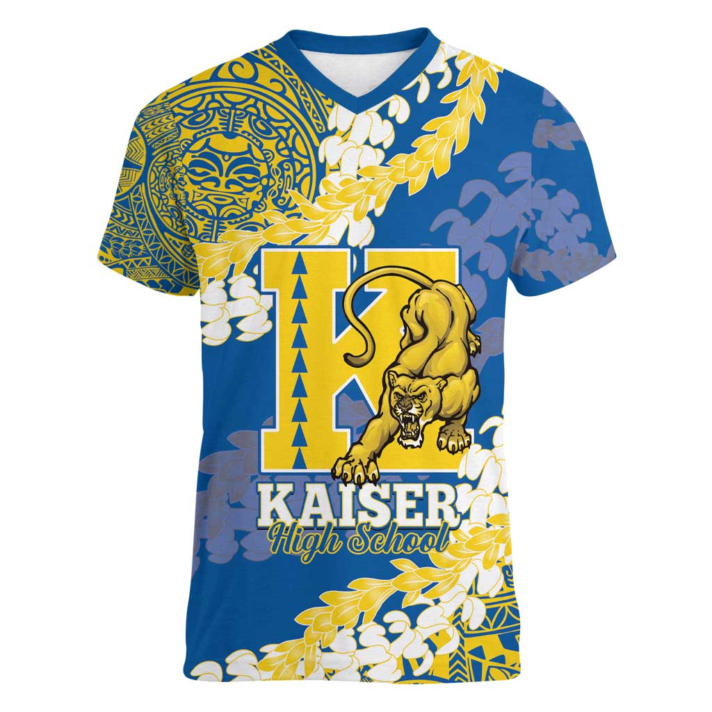 Personalized Kaiser Hawaii High School Women V-Neck T-Shirt Puakenikeni Lei Hawaiian Pattern - Polynesian Pride