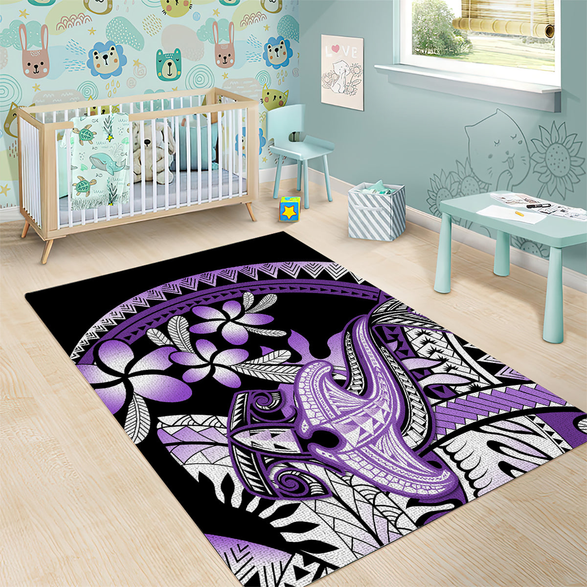 Purple Polynesian Area Rug Hammerhead Shark Tattoo Royal Plumeria Gradient Vibes LT14 - Polynesian Pride