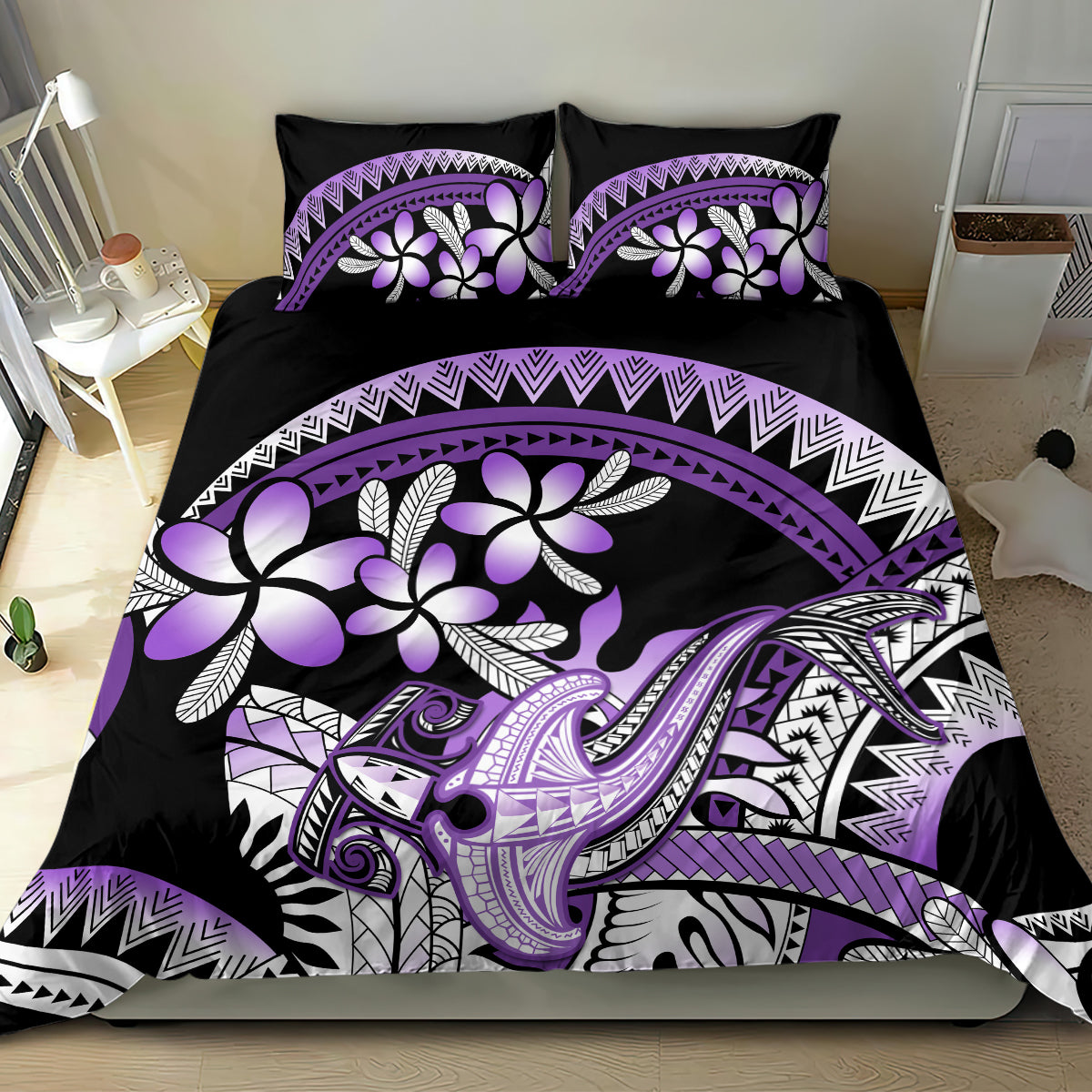 Purple Polynesian Bedding Set Hammerhead Shark Tattoo Royal Plumeria Gradient Vibes LT14 - Polynesian Pride