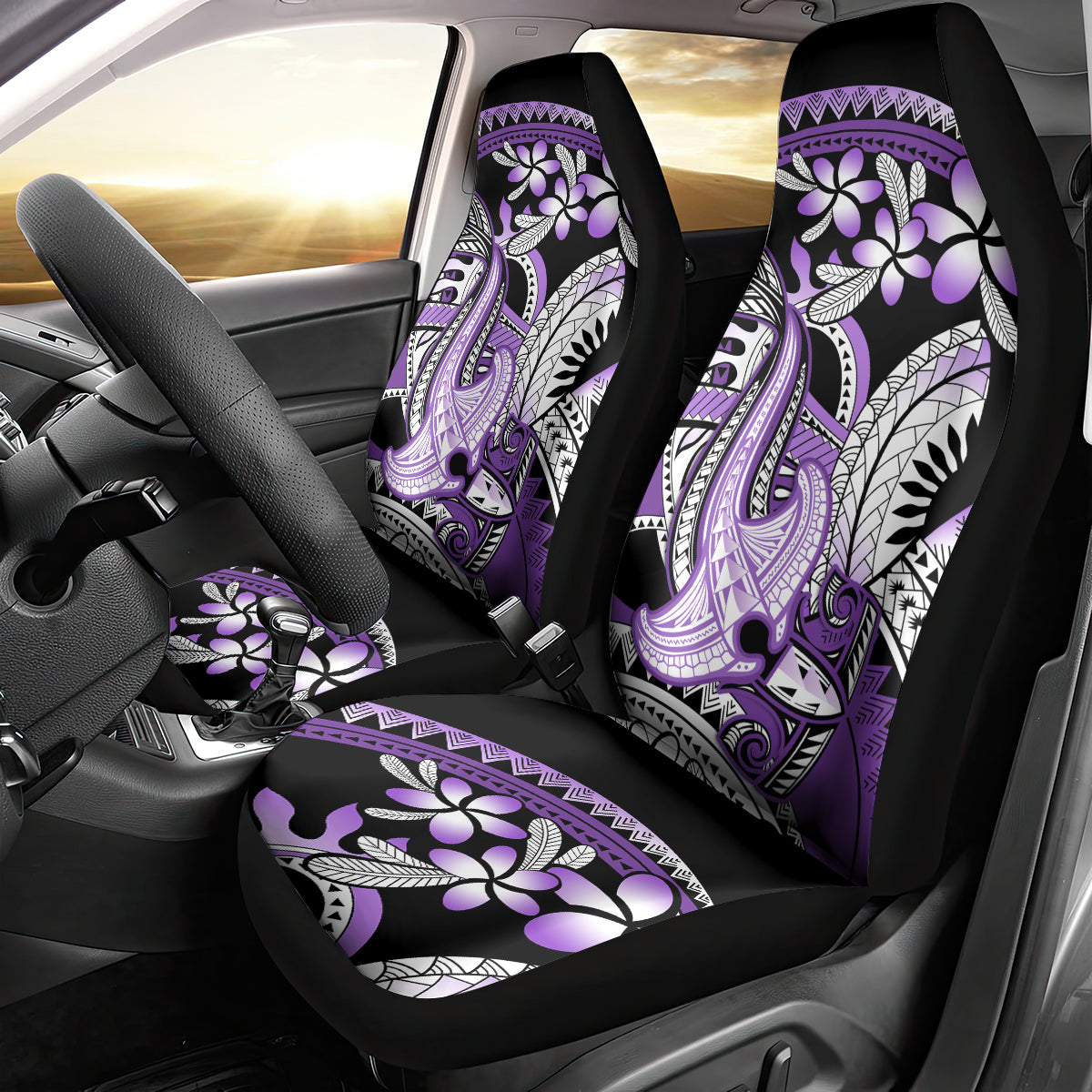 Purple Polynesian Car Seat Cover Hammerhead Shark Tattoo Royal Plumeria Gradient Vibes LT14 - Polynesian Pride