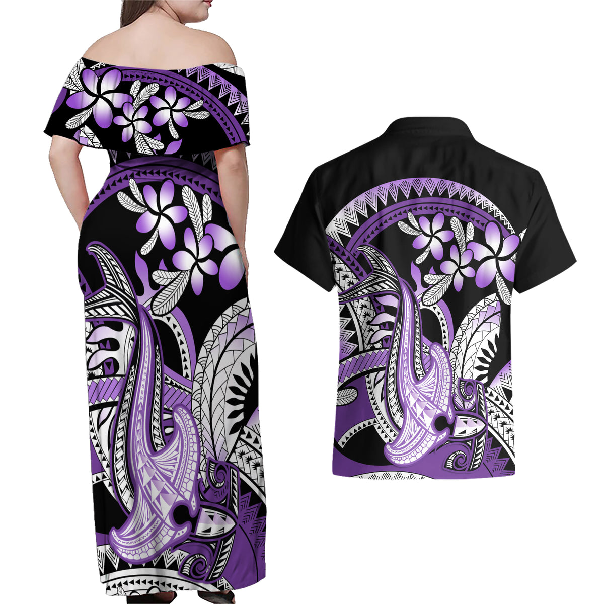 Purple Polynesian Couples Matching Off Shoulder Maxi Dress and Hawaiian Shirt Hammerhead Shark Tattoo Royal Plumeria Gradient Vibes LT14 - Polynesian Pride