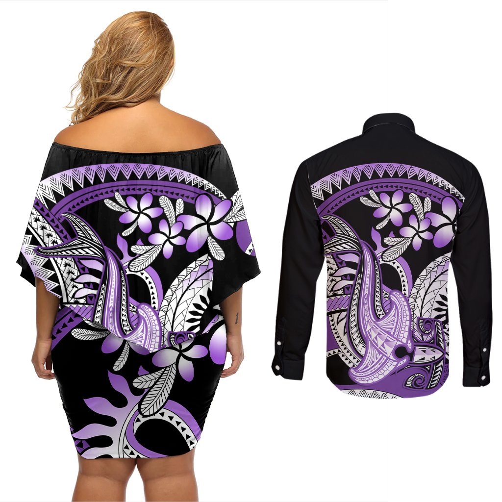 Purple Polynesian Couples Matching Off Shoulder Short Dress and Long Sleeve Button Shirt Hammerhead Shark Tattoo Royal Plumeria Gradient Vibes LT14 - Polynesian Pride