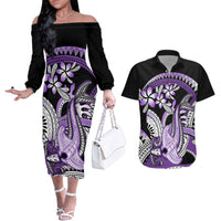 Purple Polynesian Couples Matching Off The Shoulder Long Sleeve Dress and Hawaiian Shirt Hammerhead Shark Tattoo Royal Plumeria Gradient Vibes LT14 Purple - Polynesian Pride
