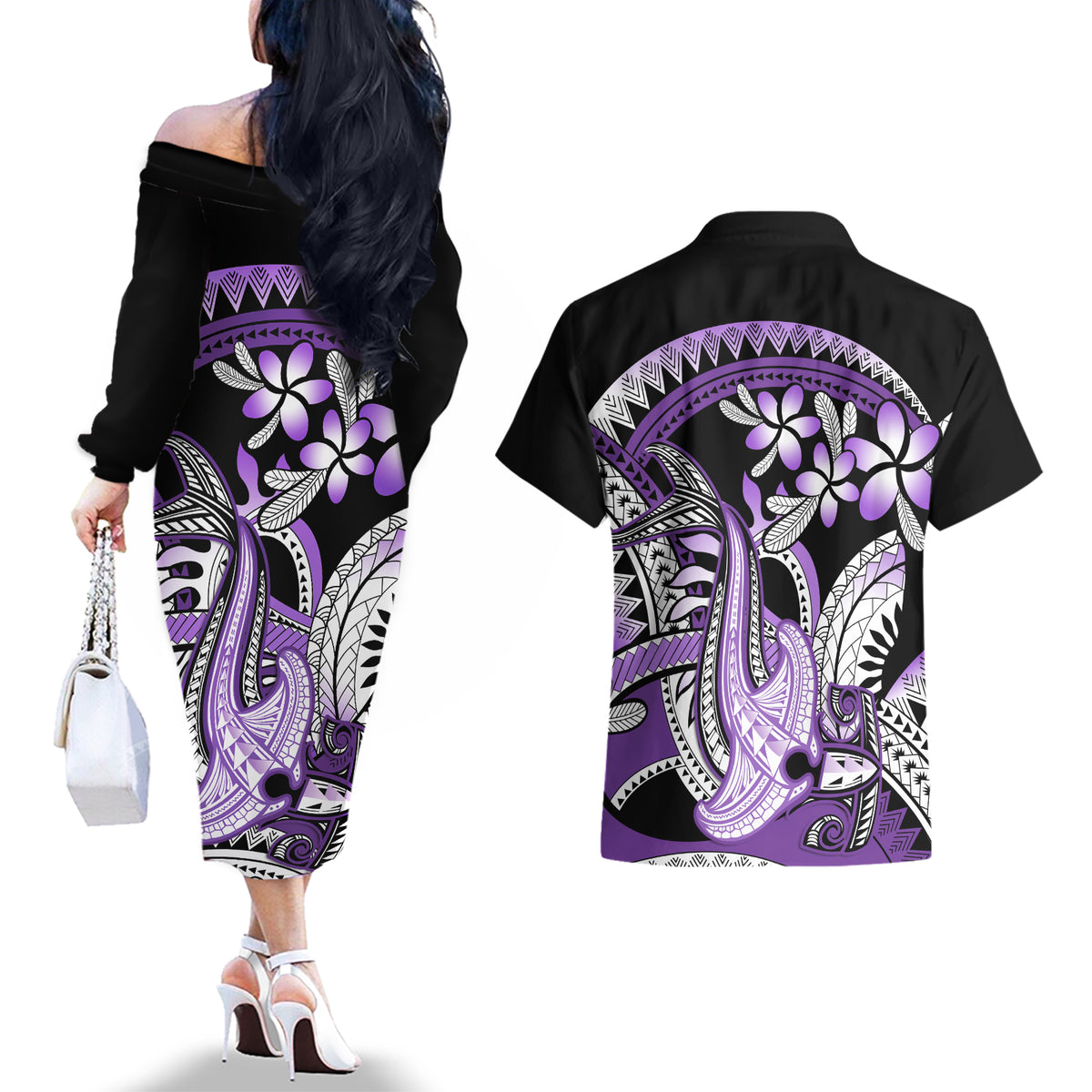 Purple Polynesian Couples Matching Off The Shoulder Long Sleeve Dress and Hawaiian Shirt Hammerhead Shark Tattoo Royal Plumeria Gradient Vibes LT14 - Polynesian Pride