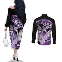 Purple Polynesian Couples Matching Off The Shoulder Long Sleeve Dress and Long Sleeve Button Shirt Hammerhead Shark Tattoo Royal Plumeria Gradient Vibes LT14 - Polynesian Pride