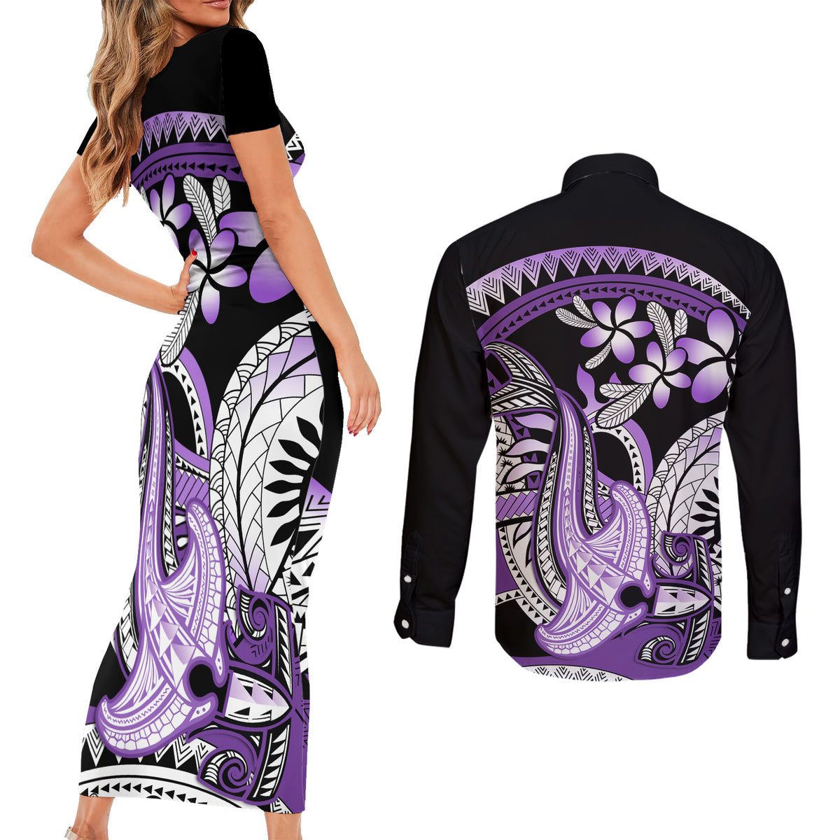 Purple Polynesian Couples Matching Short Sleeve Bodycon Dress and Long Sleeve Button Shirt Hammerhead Shark Tattoo Royal Plumeria Gradient Vibes LT14 - Polynesian Pride