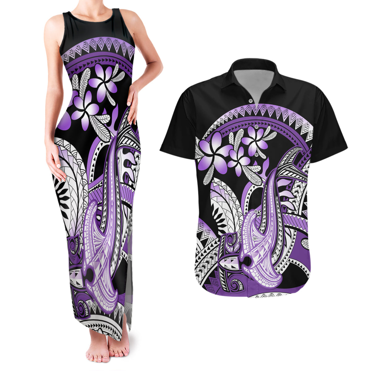 Purple Polynesian Couples Matching Tank Maxi Dress and Hawaiian Shirt Hammerhead Shark Tattoo Royal Plumeria Gradient Vibes LT14 Purple - Polynesian Pride