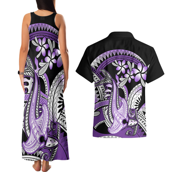 Hawaii Couples Matching Tank Maxi Dress And Hawaiian Shirt Polynesian Shark Tattoo With Plumeria Green Gradient LT14 main image 0